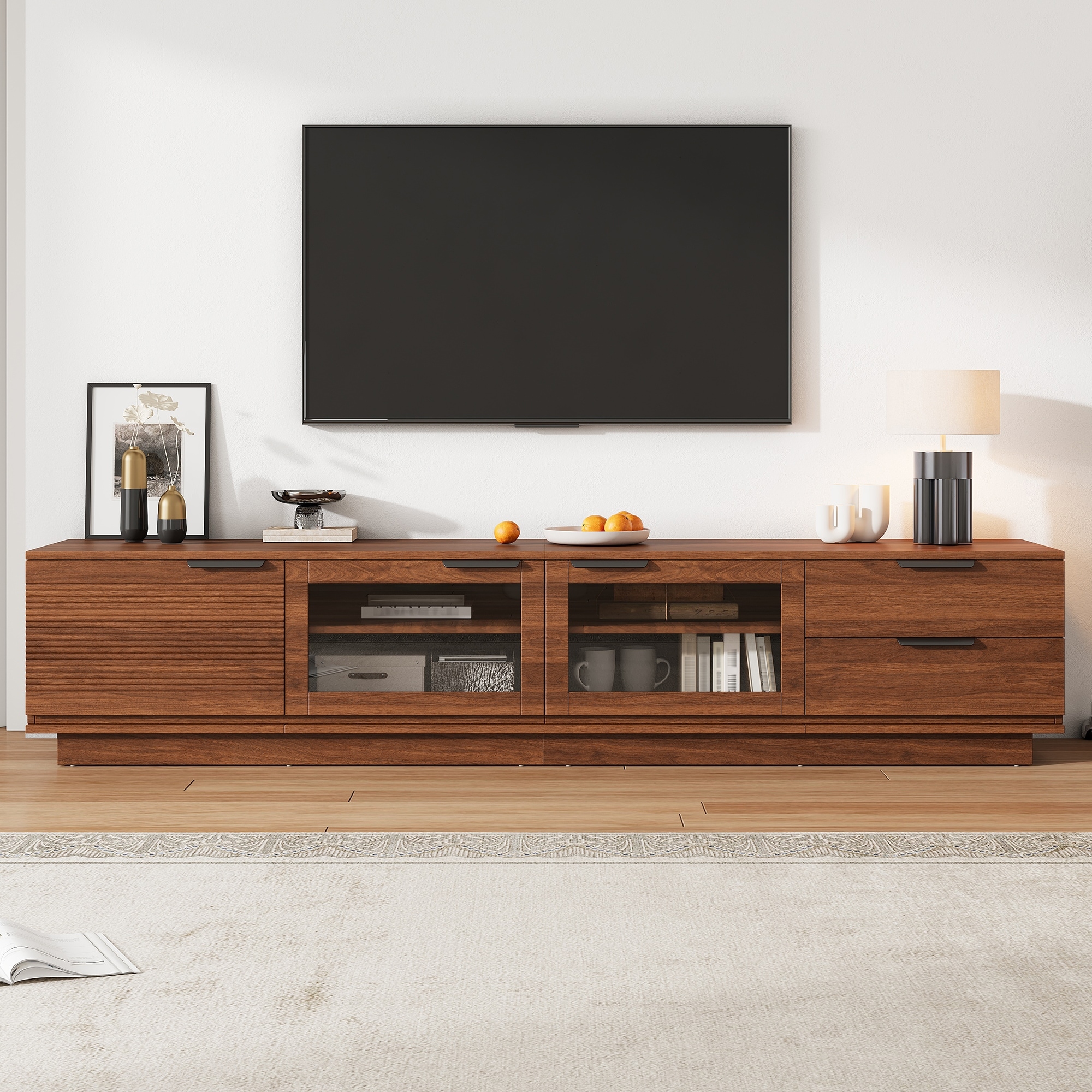 78" Modern TV Stand for TVs up to 85", Entertainment Center with Two Drawers and Cable Management, Glass Doors for Living Room