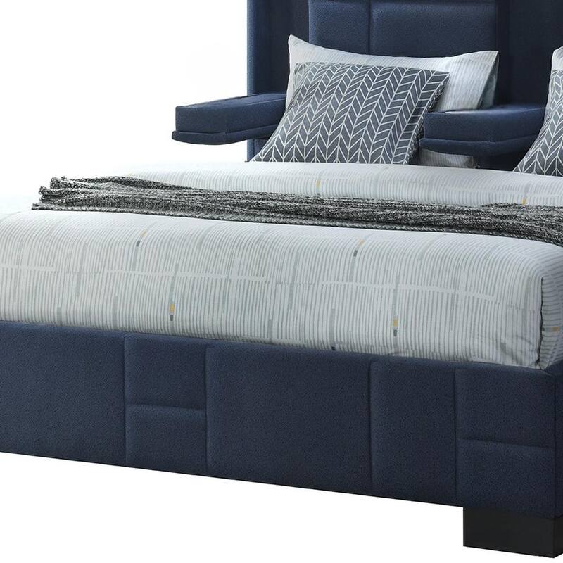 HomeRoots Navy Blue Tufted Upholstered Lighted King Bed Frame