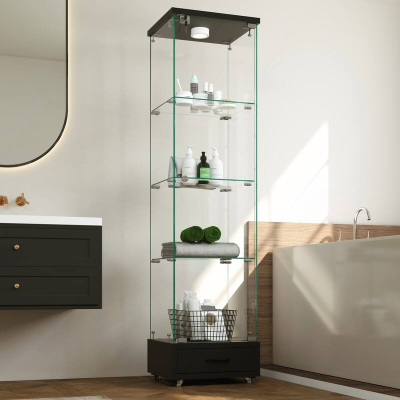 Modern Glass Display Cabinet with Drawer and LED lights for Living Room and Bedroom