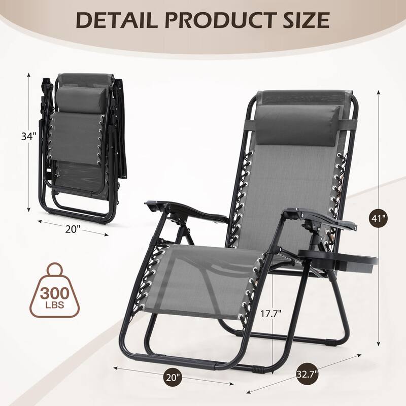 Zero Gravity Lounge Chair Set of 2 – Outdoor Folding Recliners with Cup Holder, Adjustable Headrest, Weather-Resistant Fabric