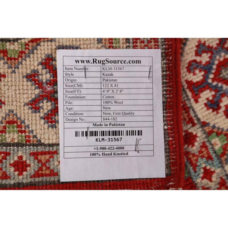 Bedroom Red Kazak Foyer Rug Hand-Knotted Geometric Wool Carpet - 2'8"x 4'0"