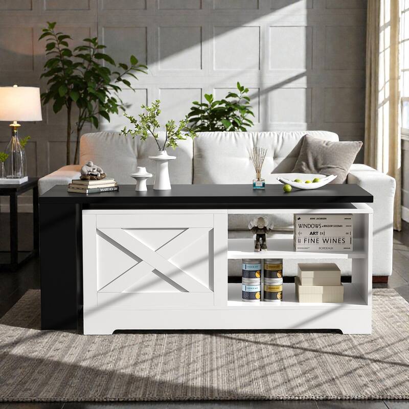 Farmhouse Lift Top Coffee Table with Barn Doors, Rotating Wood Center Table with Hidden Storage and Open Shelves