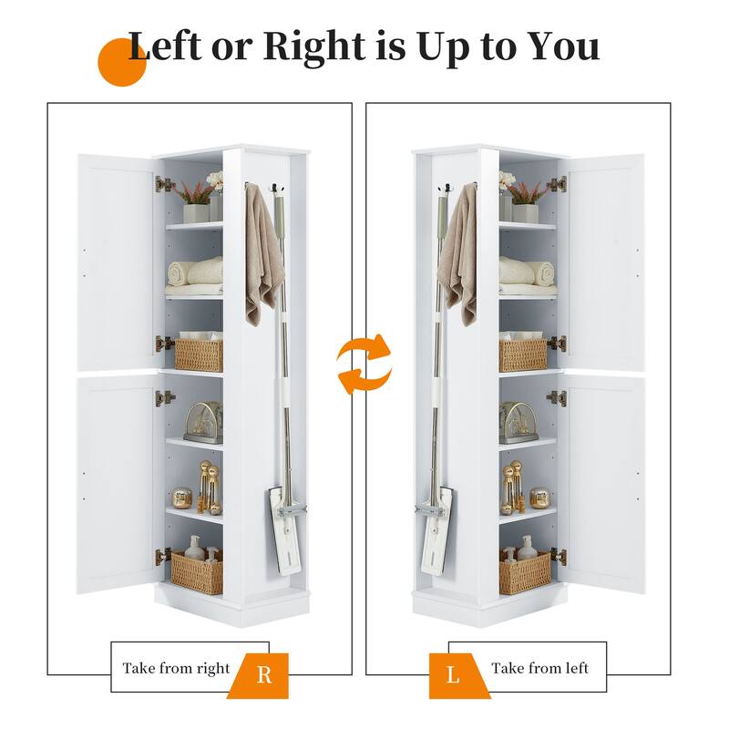 Tall Bathroom Storage Cabinet, Freestanding Storage Cabinet with Hook and Adjustable Shelf, MDF Board