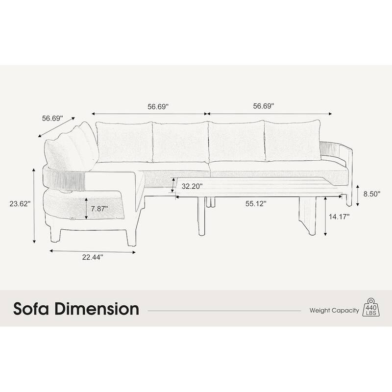 PURPLE LEAF Modern Aluminum Sectional Sofa with 7.87" Cushions for Yard Porch Deck Outdoor Conversation Sets