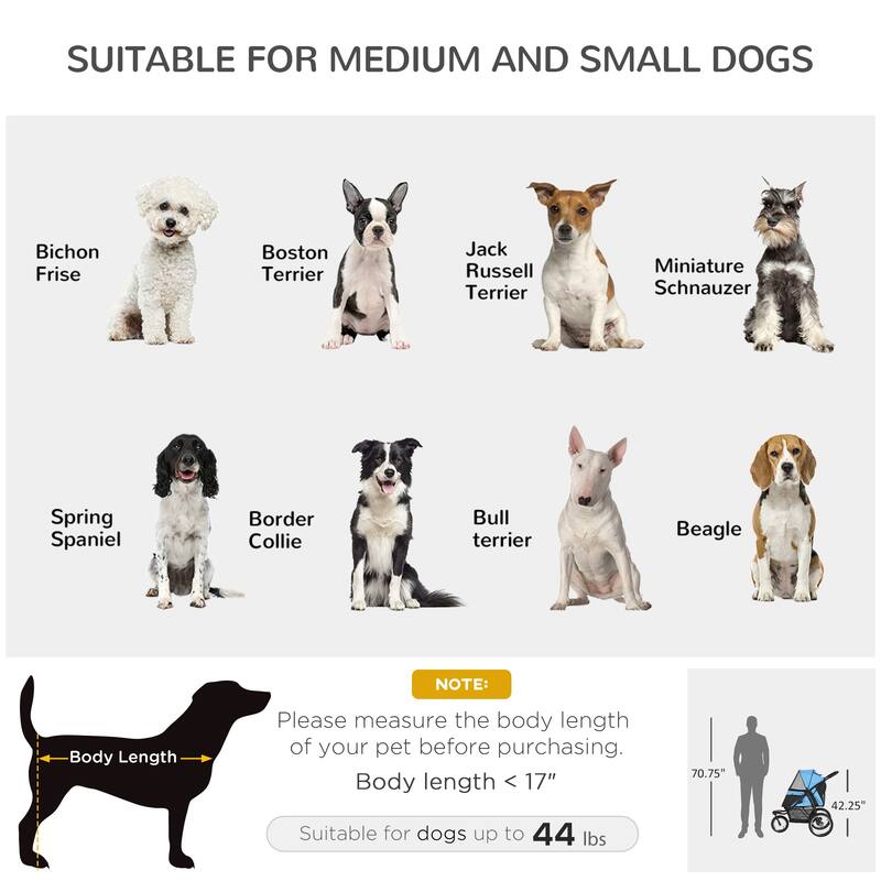 PawHut Pet Stroller for Small and Medium Dogs, 3 Big Wheels Foldable Cat Stroller with Adjustable Canopy