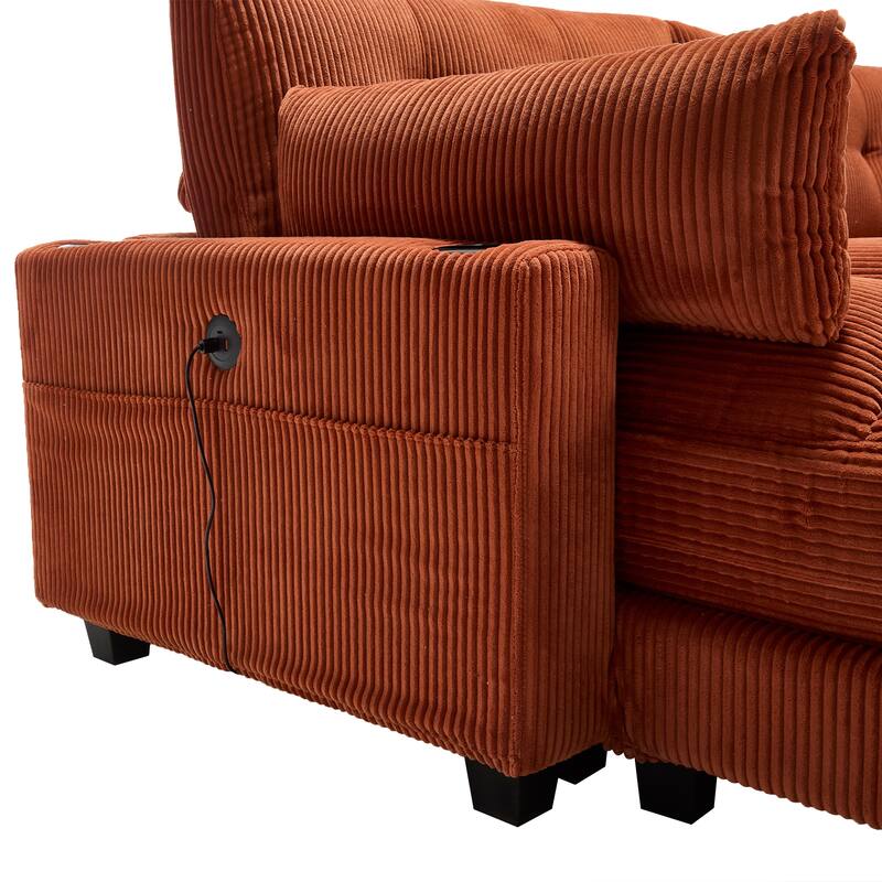 Oversized Corduroy Upholstered Single Chaise Lounge Sofa Couch Switchable Armrest with Cup Holders, USB Ports and Pockets