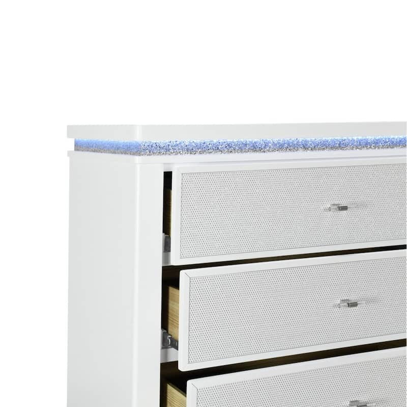 HomeRoots 36" White Faux Crystal Glitter Wood Lighted Five Drawer Dresser
