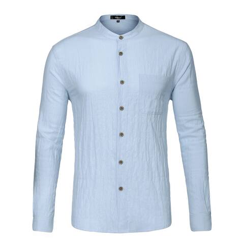 Men Banded Collar Shirt Cotton Long Sleeve Casual Button Down Shirts