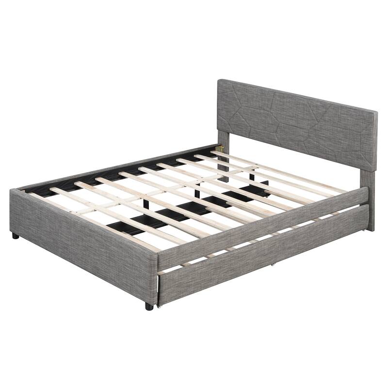 Queen Size Upholstered Platform Bed with Brick Pattern Headboard and Twin XL Size Trundle, Linen Fabric, Gray