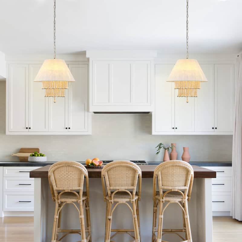 CurveCurio 24" Bo-Ho Style Modern Chandelier with Soild Wood Beads Accent and Beige Fabic Light Shade - 3 Lights