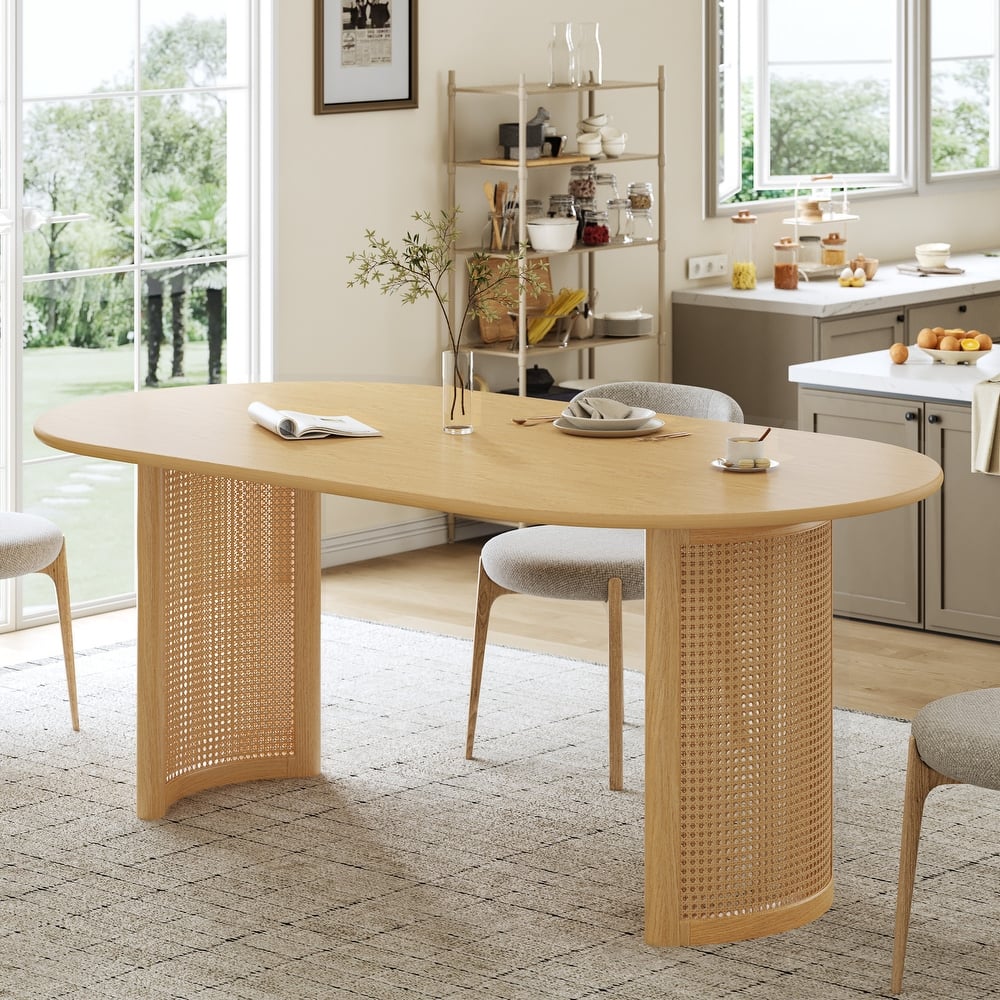 Oval Dining Table with Arc-Shaped Edge Top and Rattan Woven Base Modern Farmhouse Kitchen Table for Living Room Dining Room