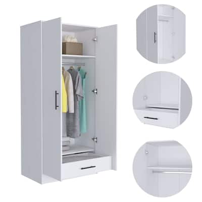 Bedroom 2-Door Armoire w/Drawers and Hanging Rod & Shelves, White
