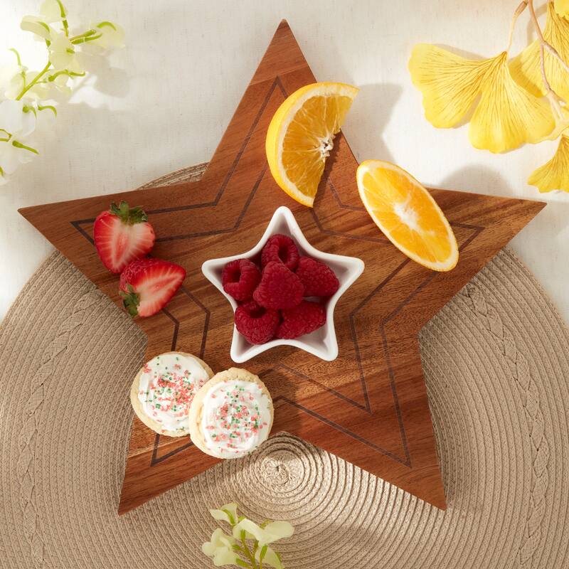 Tabletops Gallery Set of 2 Star Acacia Serving Board with Ceramic Bowl
