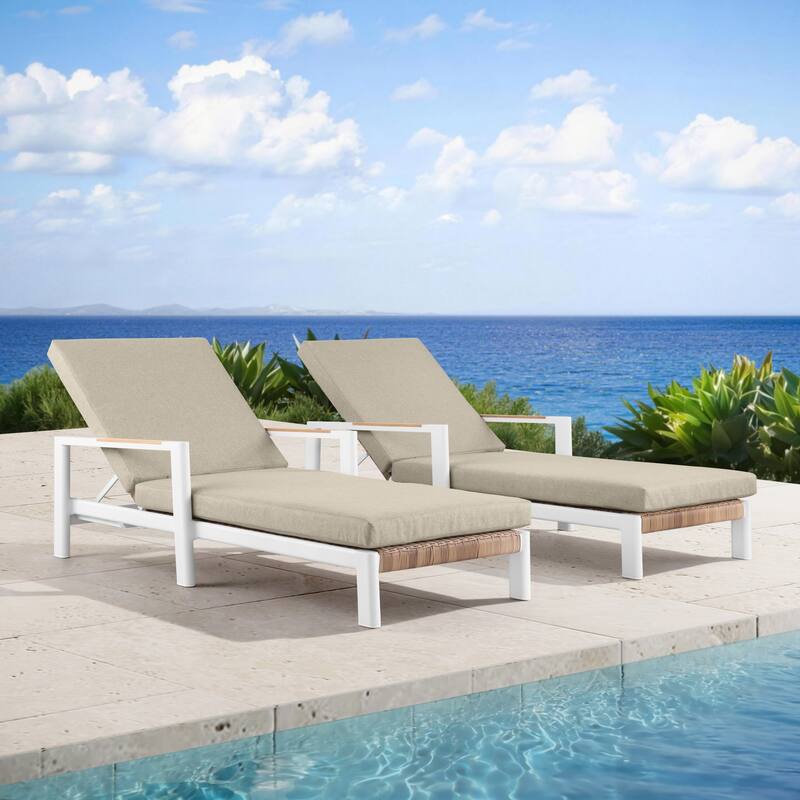 Arlo Teak & Wicker Aluminum Dual-Use Outdoor Chaise Lounge (Set of 2) - White-Khaki