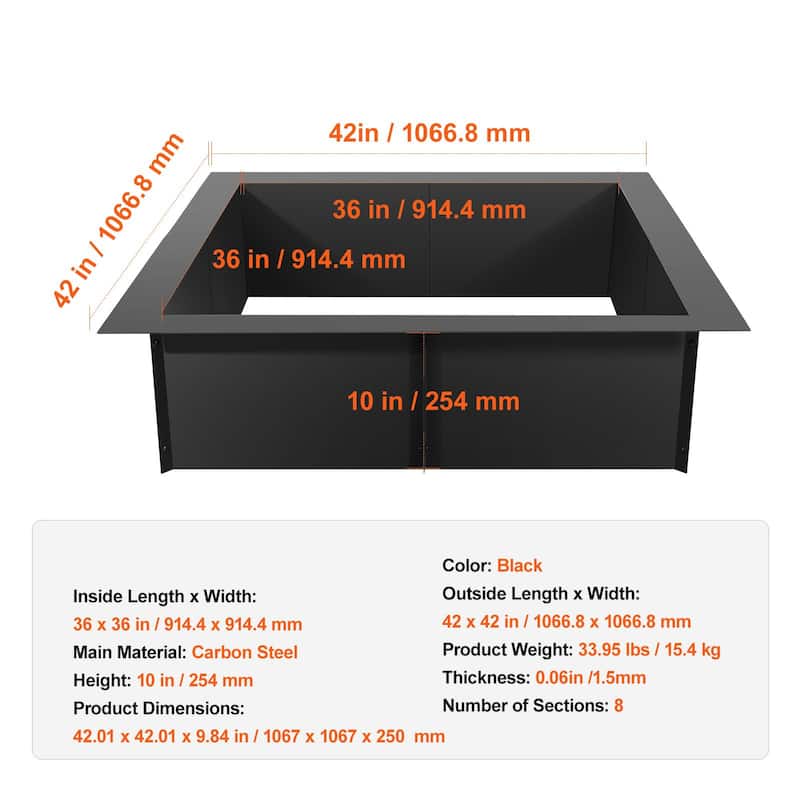 Black Carbon Steel Fire Pit Ring Liner, 8 Panels, Rust Resistant