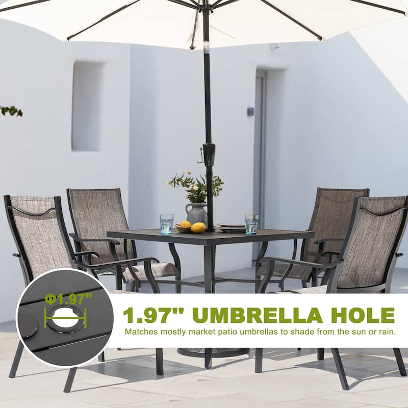 5-Piece Patio Aluminum and Textilene Dining Set with Umbrella Hole, Grayish Brown