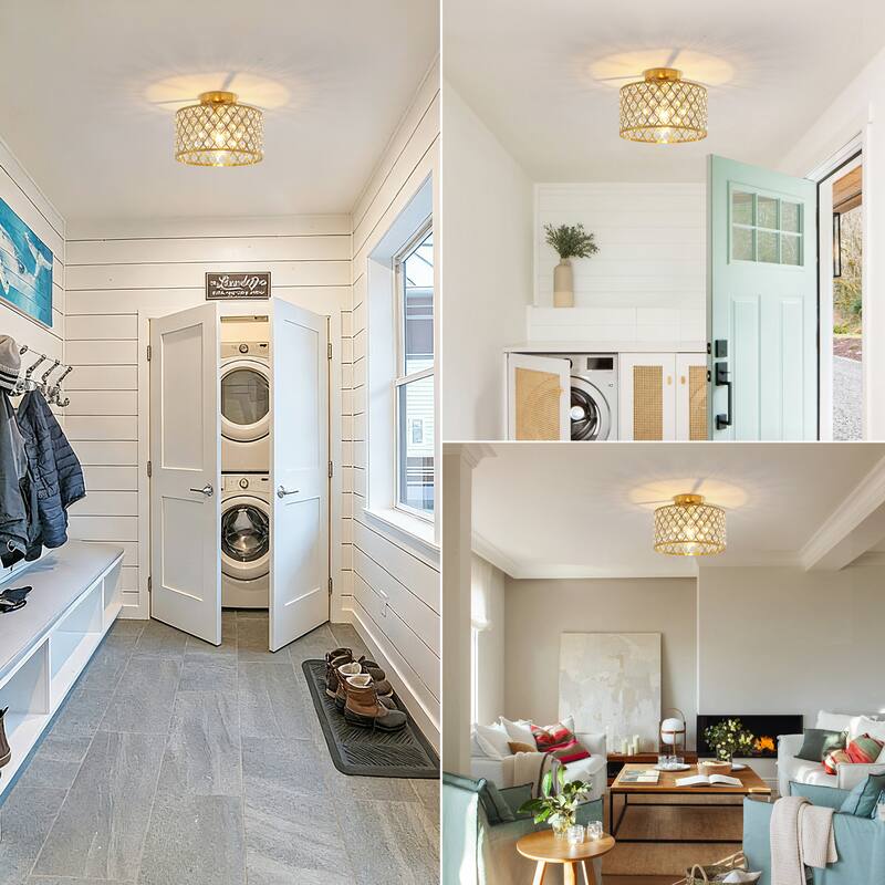 1-Light Modern Vintage Drum Crystal Semi-Flush Mount Ceiling Light