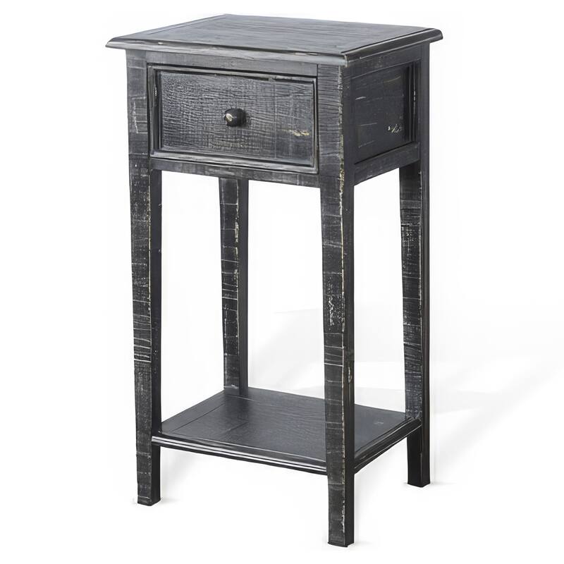 Rena Side End Table with 1 Drawer, 17 Inch Rustic Black Mahogany Wood