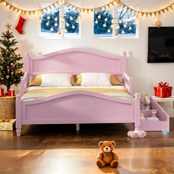 slide 2 of 11, Full Size Platform Bed with Guardrails and Two Drawers,Kids Bed Design Pink