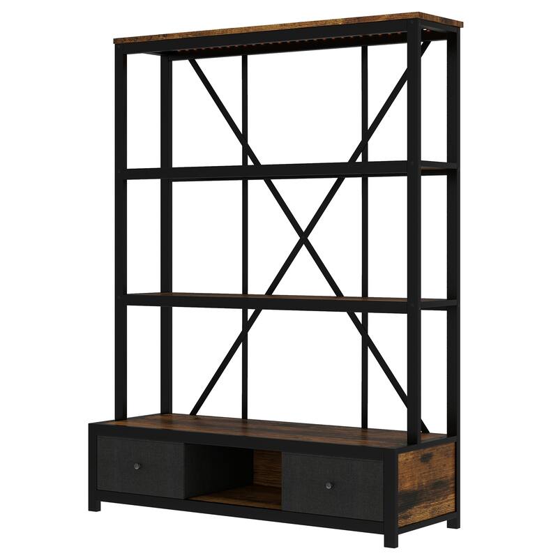 3-Shelf Metal Bookcase with Drawers for Home Office, Open Bookcase, Vintage Industrial Style Bookcase with LED