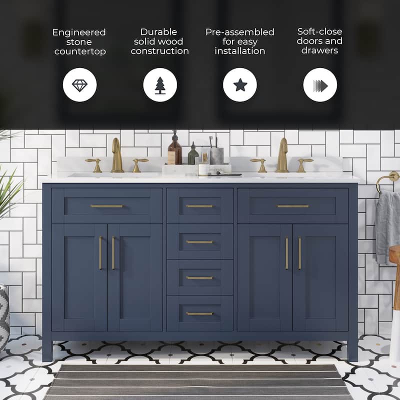 OVE Decors Tahoe 60 in Midnight Blue Double Sink Vanity with White Cultured Marble Top and Mirrors