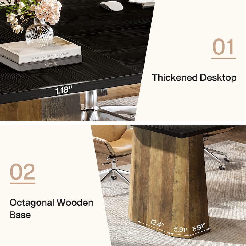 63-Inch Office Computer Desk, Large Simple Executive Desk with Double Wooden Pedestal