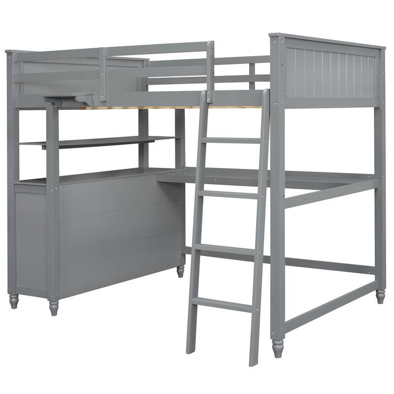 Full Size Loft Bed with Drawers and Writing Desk, Wooden Storage Bed with Shelves, Safety Guardrails and Ladder