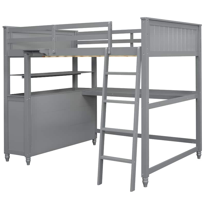 Full Wooden Loft Bed with Drawers and Reversible Ladder