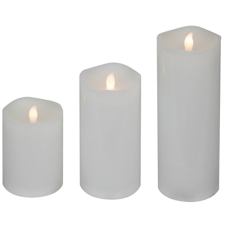 LED Flickering Flameless Wax Pillar Candles - 8" - White - Set of 3