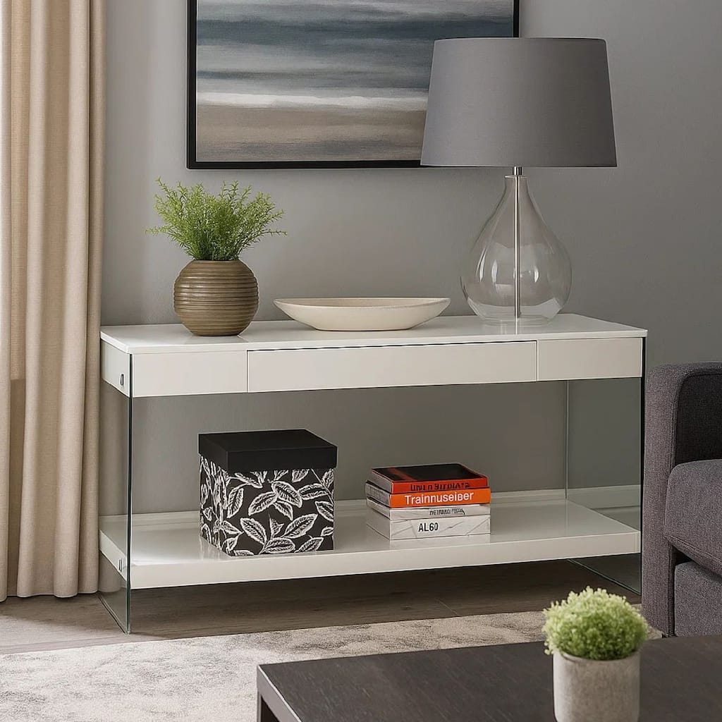 Wood and Glass TV Stand with Two Drawers, White