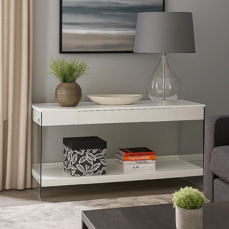 Wood and Glass TV Stand with Two Drawers, White