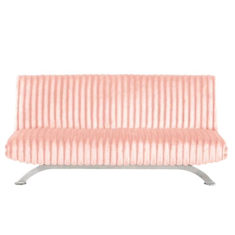 Villy Futon Sofa Bed, Chrome Metal Legs, Pink Channel Tufted Fabric