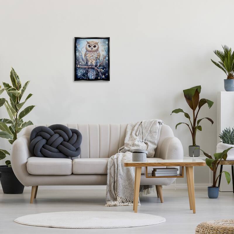 Stupell Owl on Twinkling Branch Framed Floater Canvas Wall Art Design by The Dutch Lady