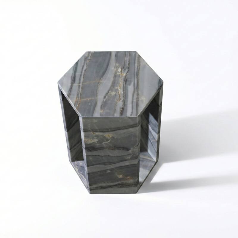 Roomfitters Luxury Natural Marble Hexagon Side Table, Solid Stone Geometric Pedestal End Table, Polished Finish