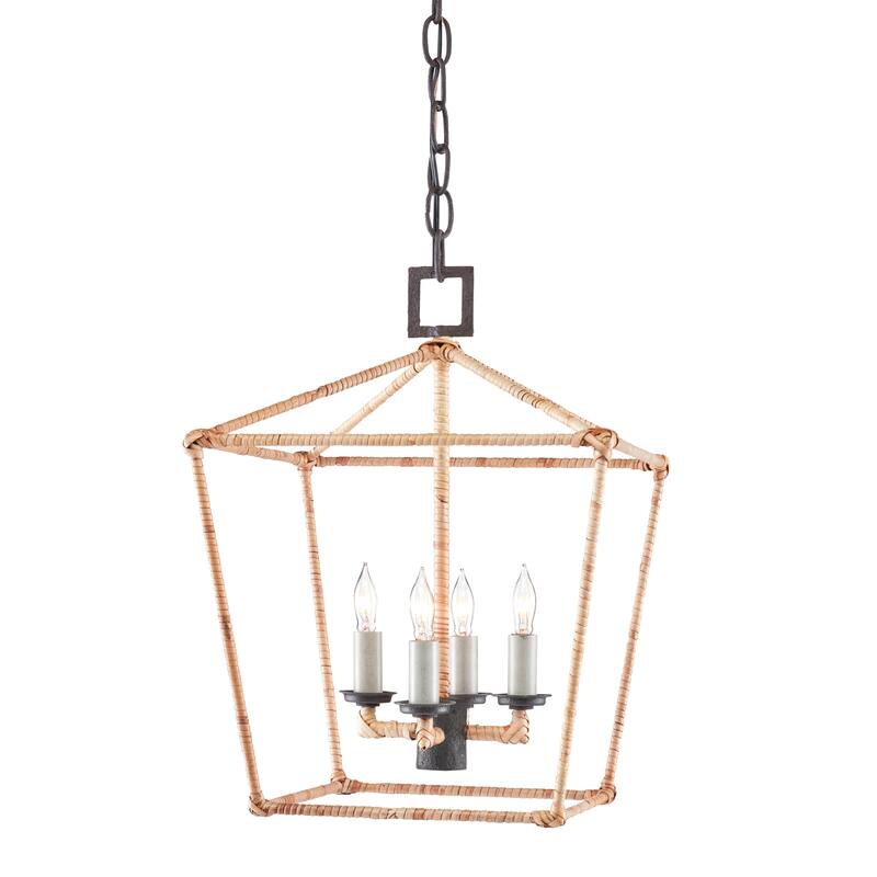 Currey & Company Denison Small Natural Lantern - 17.5"h x 12.25"w x 12.25"d - 17.5"h x 12.25"w x 12.25"d - Mole Black/Natural Rattan