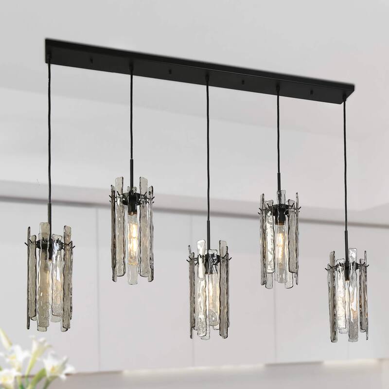 Modern 5-Light 52.7" W Linear Chandelier Texture Glass Island Light - Black - W59.1"xD7.9"xH80.5"