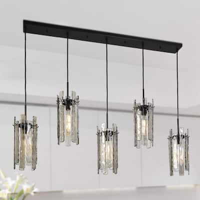 Modern 5-Light 52.7" W Linear Chandelier Texture Glass Pendant Island Light - Black - W59.1"xD7.9"xH80.5"