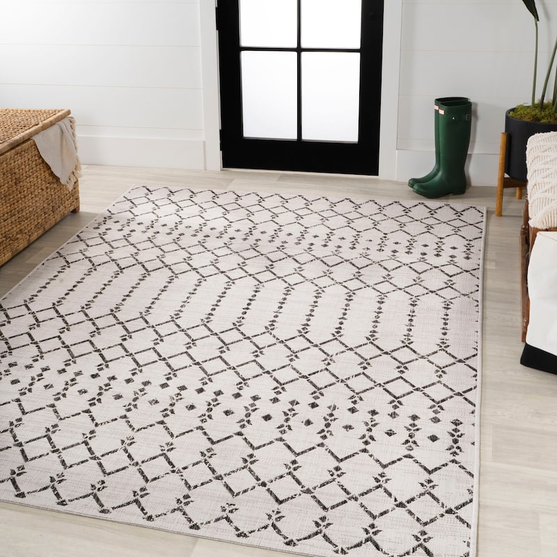 JONATHAN Y Trebol Moroccan Geometric Textured Weave Indoor/Outdoor Area Rug - 9 X 12 - Cream/Black