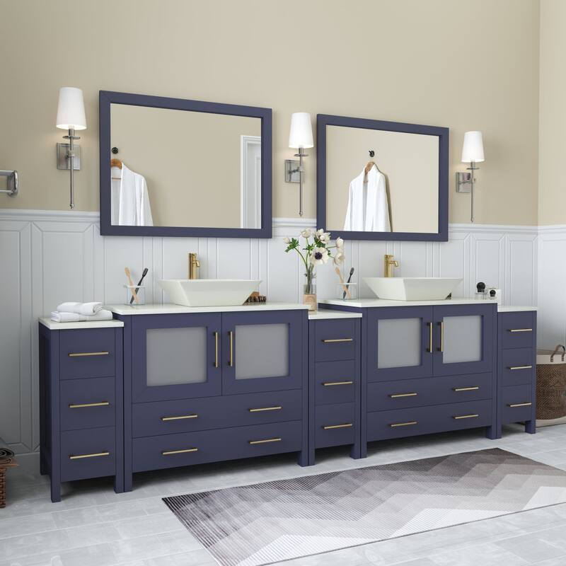Vanity Art 108" Double Sink Bathroom Vanity Set with Engineered Marble Top and Free Mirrors