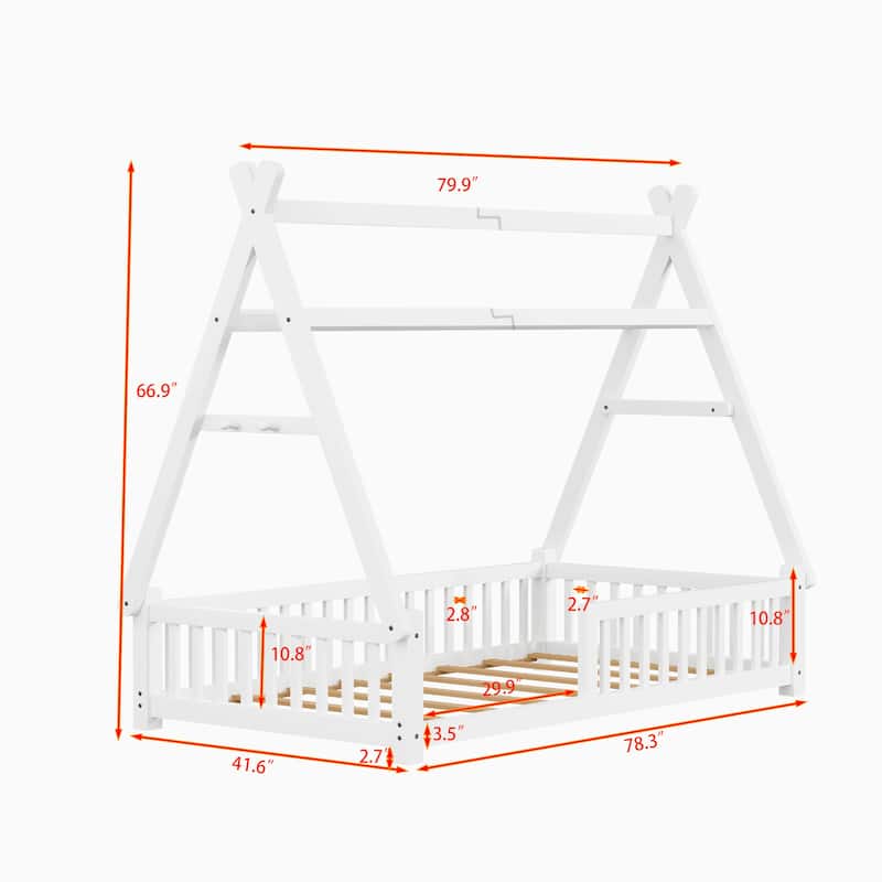 Twin Size Low House Tent Bed with Removable Roof Convertible Floor Bed with Fence, No Door for Kids Boys Girls