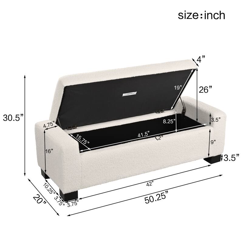 50" Ottoman Bench in Textured Boucle, Rectangular Design with Hinged Lid for Seating, Footrest