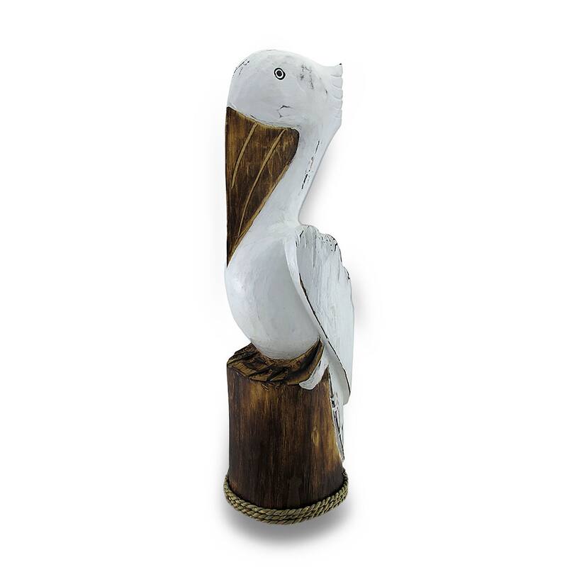 Hand Carved / Painted Wooden Pelican On Piling Statue Coastal - 20 X 6 X 6 inches