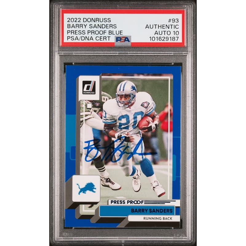 Barry Sanders 2022 Panini Donruss Press Proof Blue Card #93 Auto Graded PSA 10 - 8' x 11'