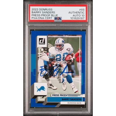 Barry Sanders 2022 Panini Donruss Press Proof Blue Card #93 Auto Graded PSA 10 - 8' x 11'