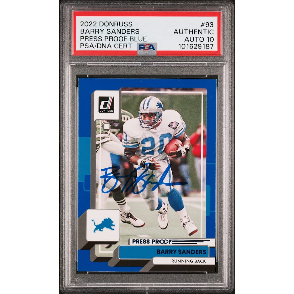 Barry Sanders 2022 Panini Donruss Press Proof Blue Card #93 Auto Graded PSA 10 - 8' x 11'