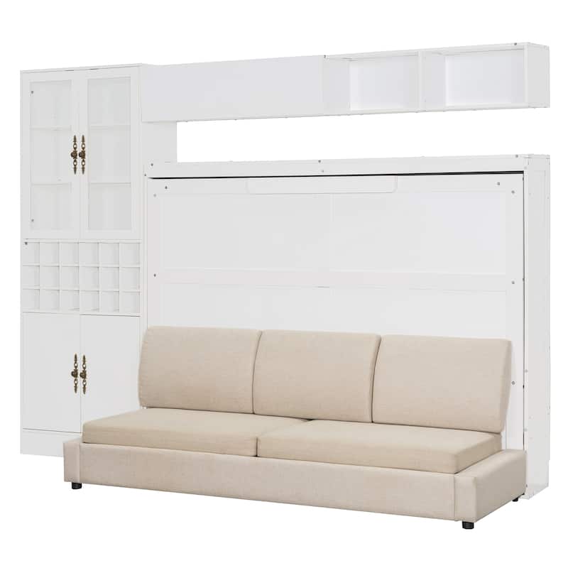 Full Size MDF Murphy Bed with Sofa, Shelves, USB Ports and LED Lighting