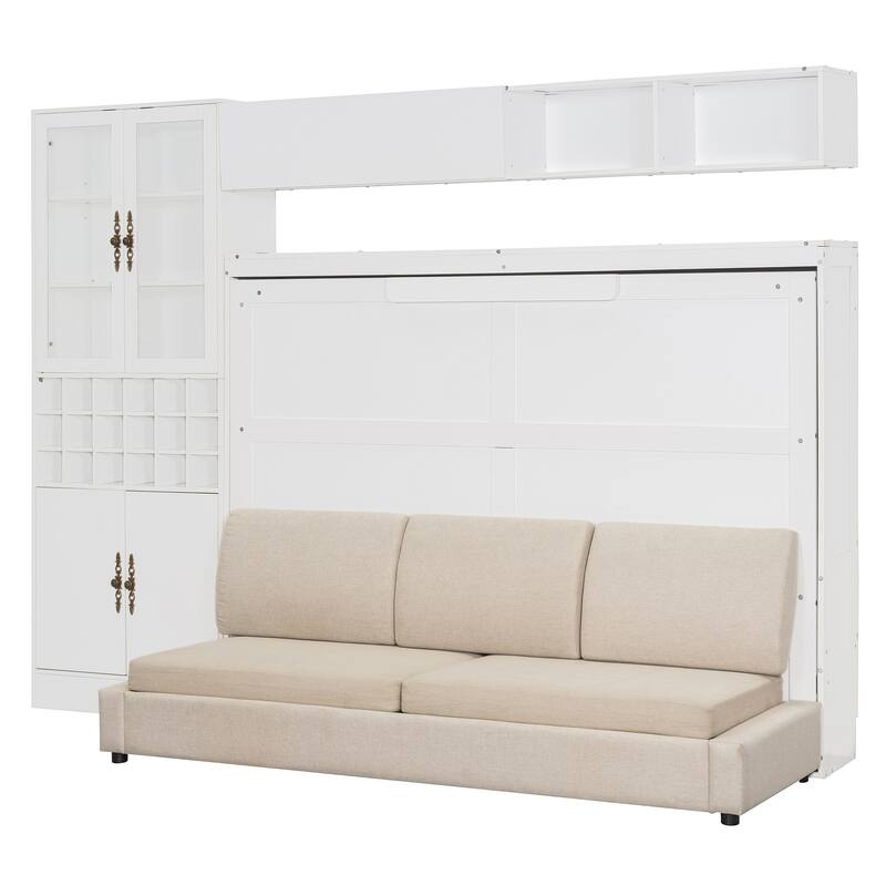 Space-Saving Full Size Murphy Bed with Sofa, Shelves, USB & Light in White