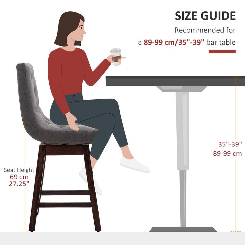 HOMCOM Bar Stools Set of 2, Swivel Bar Chairs, 25.5" High Fabric Tufted Breakfast Barstools for Kitchen Counter