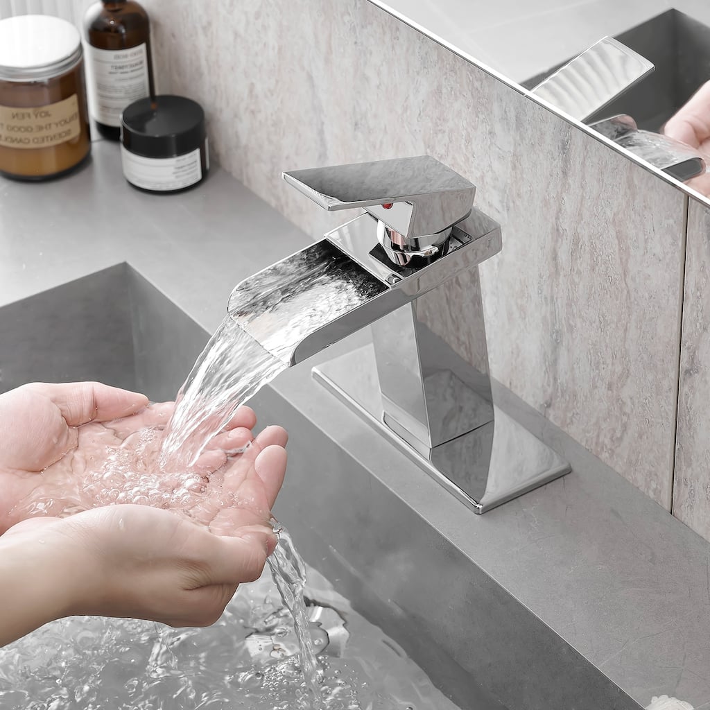 Modern Single Handle Waterfall Bathroom Sink Faucet with Overflow Pop Up Drain, Rust Resistant, Single Hole