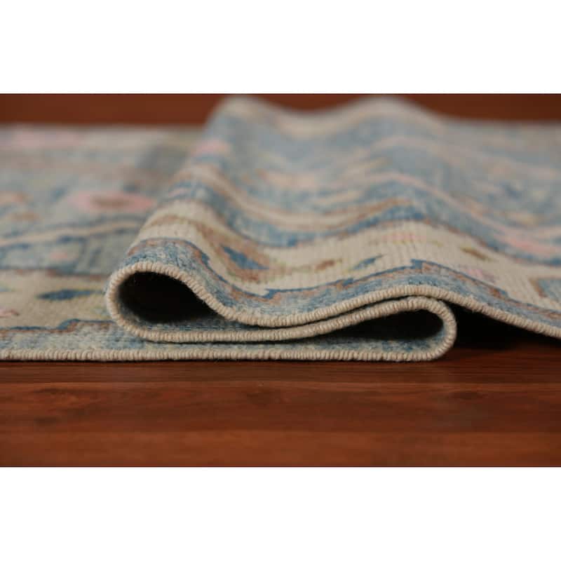 Hand Knotted Oriental 100% Wool Carpet Transitional Geometric Navy Blue & Blues Oushak Runner Rug - 14' 1'' X 3' 2''